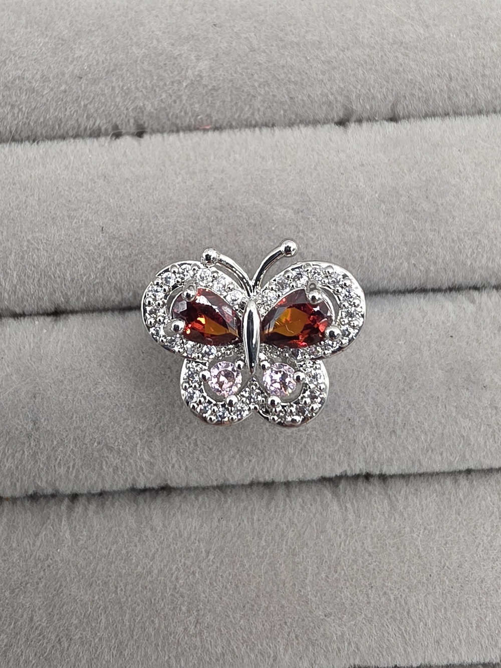 Silver Butterfly Adjustable Ring with Amber and Pink Stones